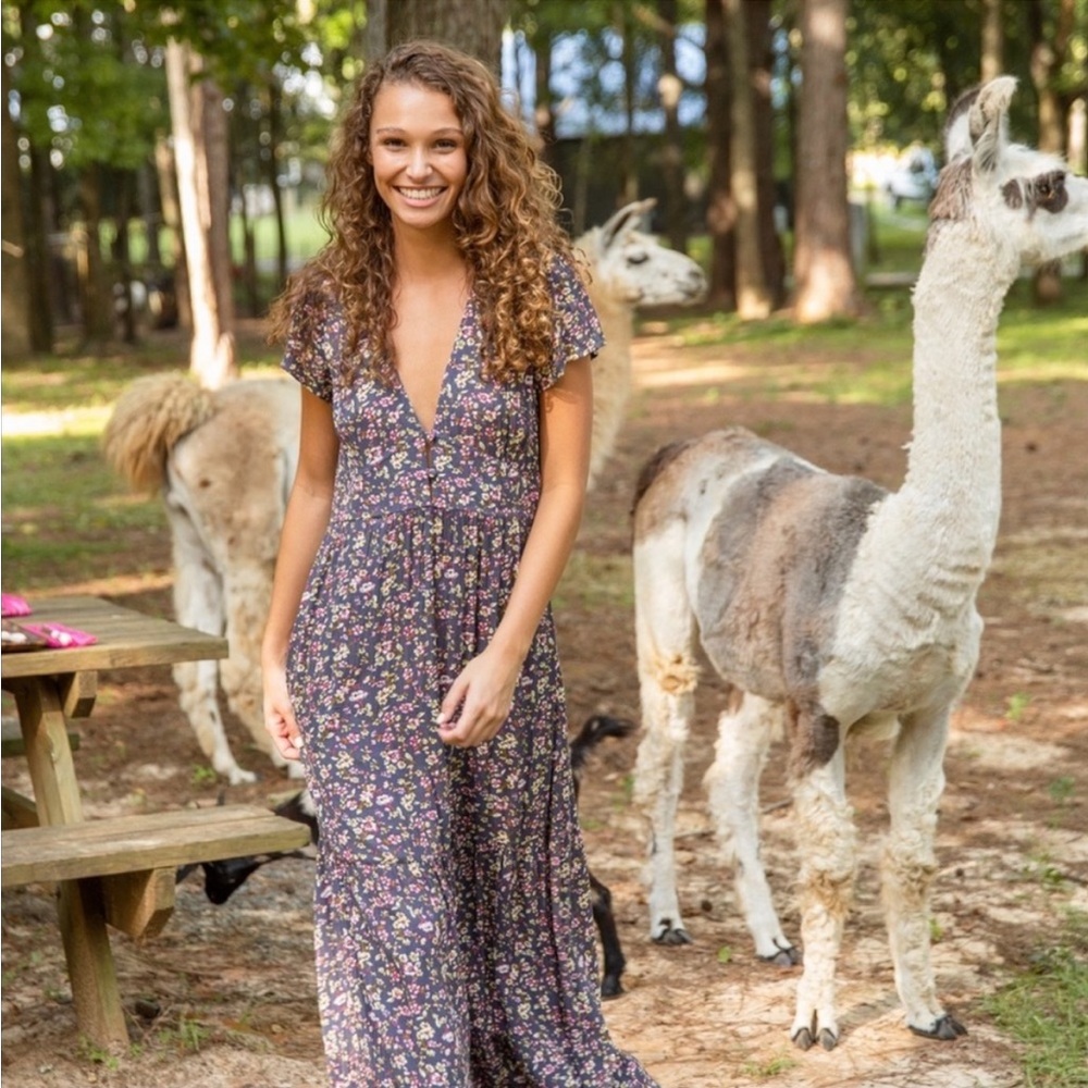 Evangeline Maxi Dress Dark Grey Floral - lightweight